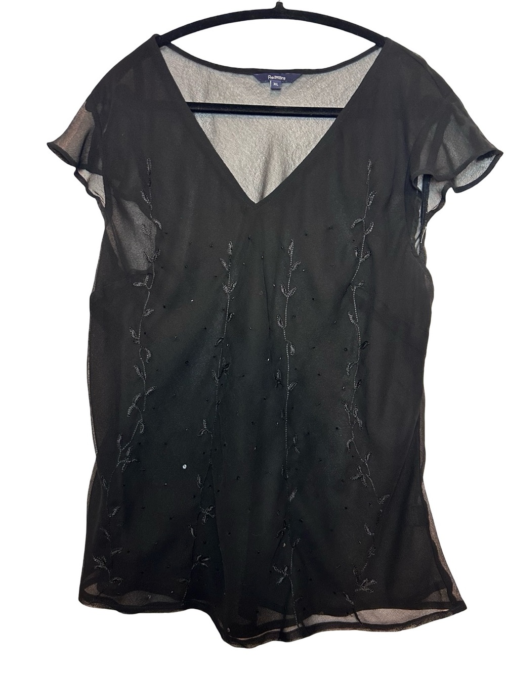 Reitmans Black Sheer V-Neck Embroidered Beaded Blouse